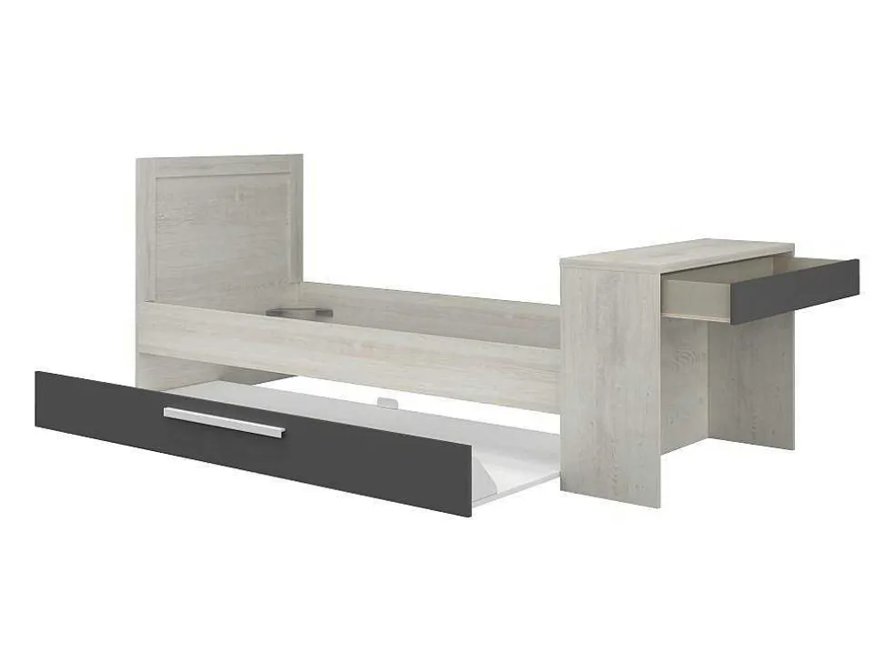 Uitschuifbaar Bed 2 X 90 X 200 Cm - Met Bureau - Kleur: Naturel En Antraciet + Bedbodem - Vouani