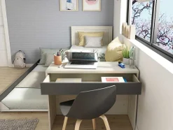 Uitschuifbaar Bed 2 X 90 X 200 Cm - Met Bureau - Kleur: Naturel En Antraciet + Bedbodem - Vouani