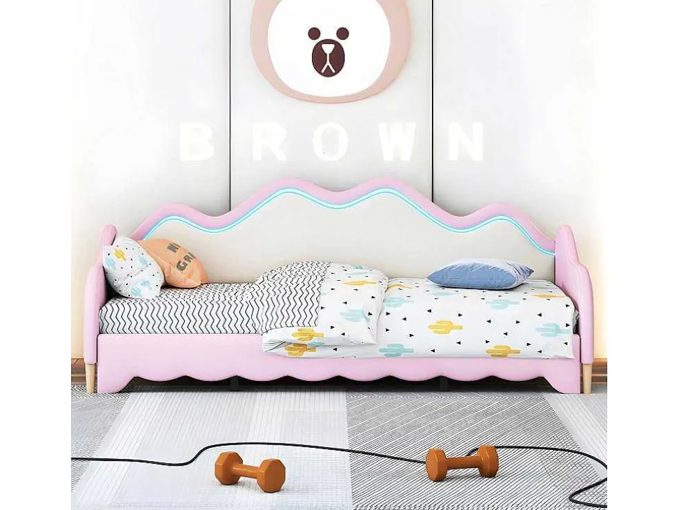 Uitschuifbaar Onderschuifbed 90(180)X190 Cm - In Kunstleer - Met Led-Verlichting En Lattenbodem - Roze