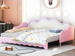 Uitschuifbaar Onderschuifbed 90(180)X190 Cm - In Kunstleer - Met Led-Verlichting En Lattenbodem - Roze