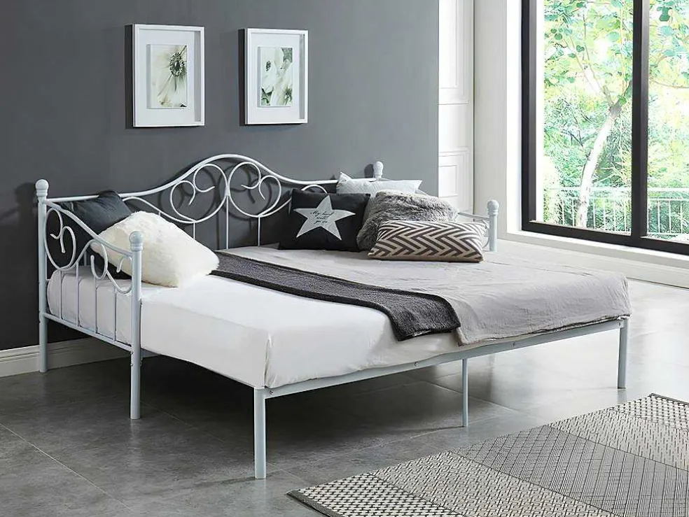 Uitschuifbare Bedbank Sebille - Metaal - 2 X 90 X 200 Cm Of 180 X 200 Cm - Wit - Optie Matras