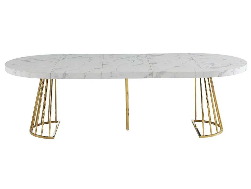 Uitschuifbare Eettafel 2 Tot 12 Plaatsen Van Mdf En Staal - Wit Marmereffect En Goud - Firela