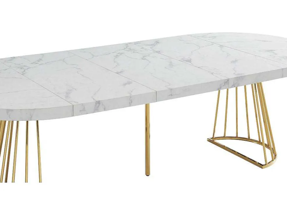 Uitschuifbare Eettafel 2 Tot 12 Plaatsen Van Mdf En Staal - Wit Marmereffect En Goud - Firela