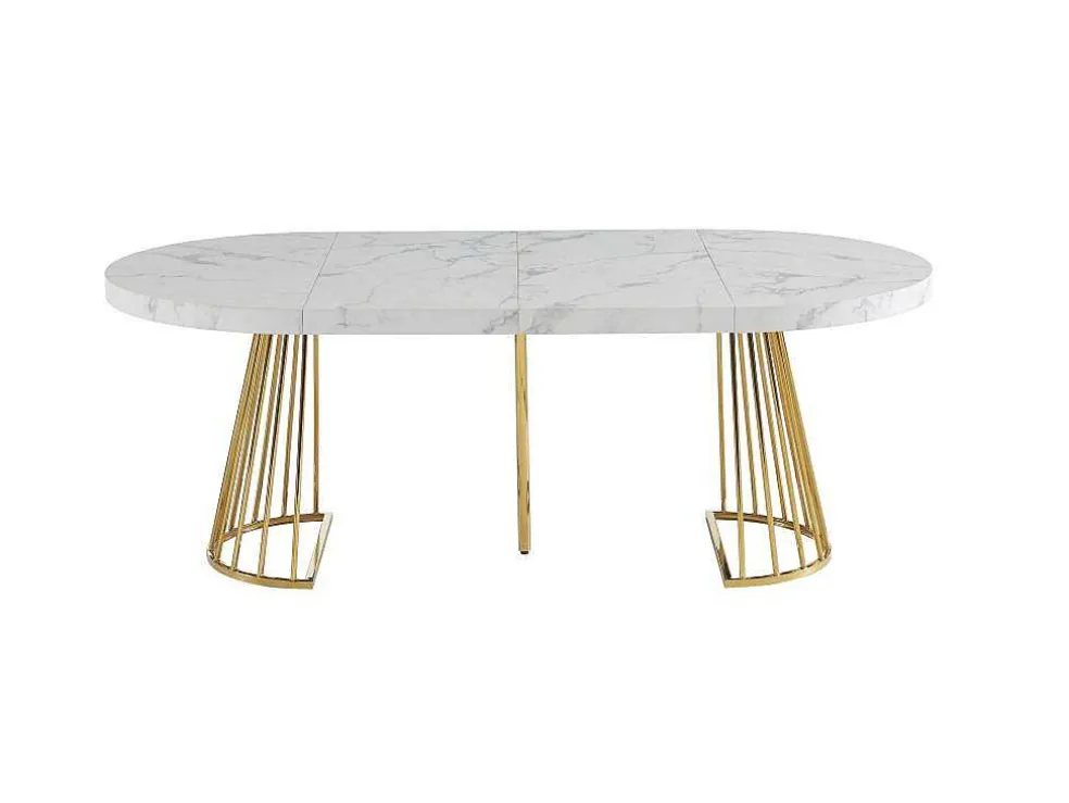 Uitschuifbare Eettafel 2 Tot 12 Plaatsen Van Mdf En Staal - Wit Marmereffect En Goud - Firela
