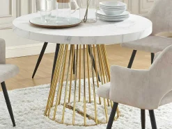 Uitschuifbare Eettafel 2 Tot 12 Plaatsen Van Mdf En Staal - Wit Marmereffect En Goud - Firela