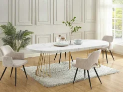 Uitschuifbare Eettafel 2 Tot 12 Plaatsen Van Mdf En Staal - Wit Marmereffect En Goud - Firela