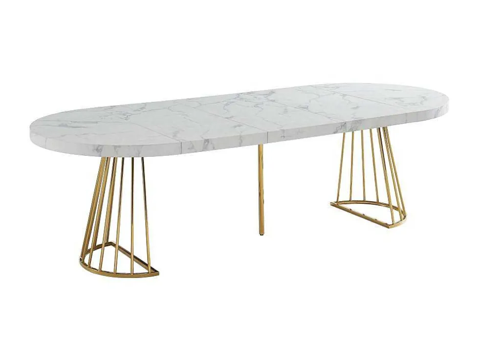 Uitschuifbare Eettafel 2 Tot 12 Plaatsen Van Mdf En Staal - Wit Marmereffect En Goud - Firela