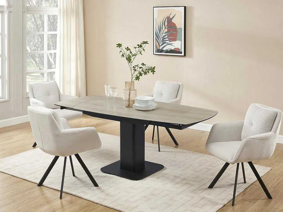Uitschuifbare Eettafel Voor 4 Tot 8 Personen In Keramiek, Gehard Glas, Metaal En Mdf - Lichte Houtlook En Zwart - Taloza