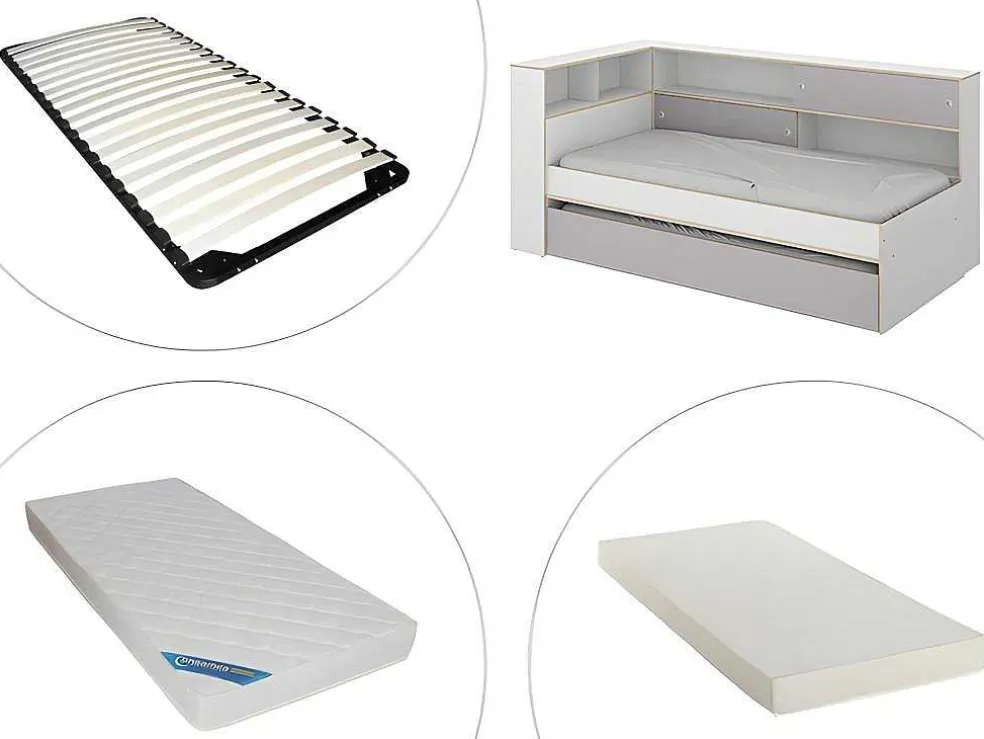 Uitschuifbed Met Slaaplade - Wit En Grijs + Bedbodem + Matras - Losiana