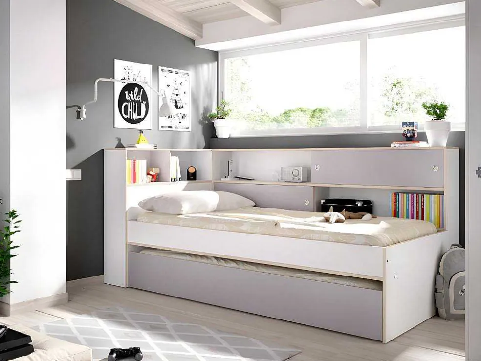 Uitschuifbed Met Slaaplade - Wit En Grijs + Bedbodem + Matras - Losiana