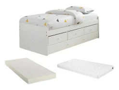 Uitschuifbed Titouan Met 3 Lades - Mdf En Dennenhout - Wit + Matras