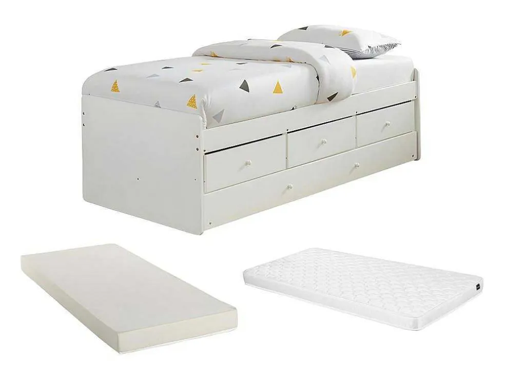 Uitschuifbed Titouan Met 3 Lades - Mdf En Dennenhout - Wit + Matras
