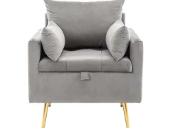 Vipi Fauteuil In Fluwelen Stof Met Opbergruimte En Kussen - Poten Van Goudkleurig Metaal - Grijs