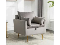 Vipi Fauteuil In Fluwelen Stof Met Opbergruimte En Kussen - Poten Van Goudkleurig Metaal - Grijs