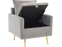 Vipi Fauteuil In Fluwelen Stof Met Opbergruimte En Kussen - Poten Van Goudkleurig Metaal - Grijs