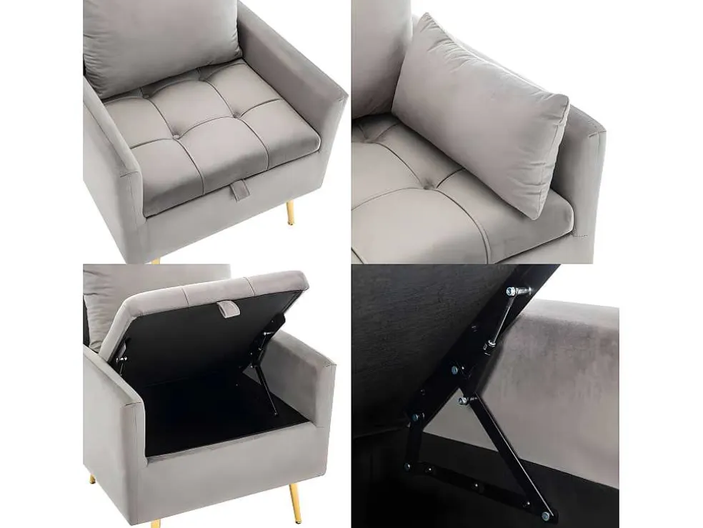 Vipi Fauteuil In Fluwelen Stof Met Opbergruimte En Kussen - Poten Van Goudkleurig Metaal - Grijs