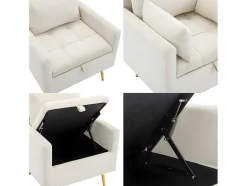 Vipi Fauteuil In Fluwelen Stof Met Opbergruimte En Kussen - Poten Van Goudkleurig Metaal - Wit