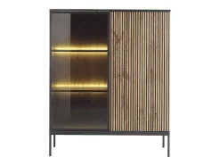 Vitrinekast Met 2 Deurtjes Met Ledverlichting Van Mdf En Gerookt Glas - Zwart En Naturel - Ovila