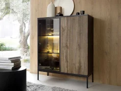 Vitrinekast Met 2 Deurtjes Met Ledverlichting Van Mdf En Gerookt Glas - Zwart En Naturel - Ovila
