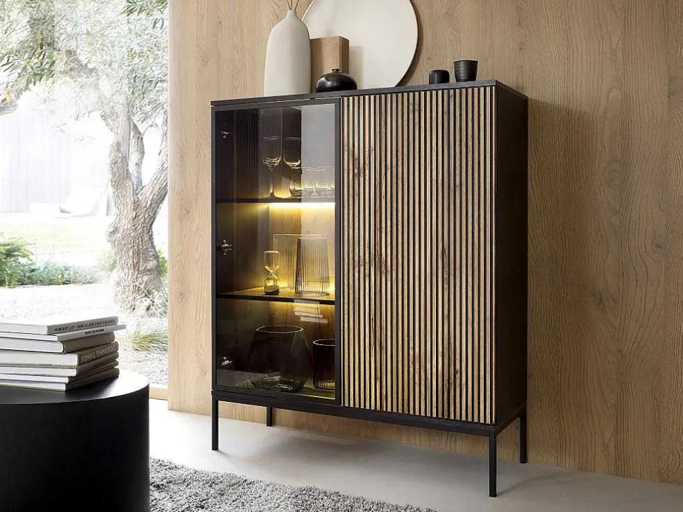 Vitrinekast Met 2 Deurtjes Met Ledverlichting Van Mdf En Gerookt Glas - Zwart En Naturel - Ovila