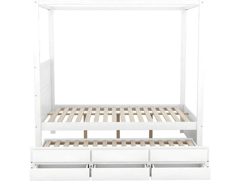 Volwassen Bed 140X200Cm - Hemelbed Met Onderschuifbed En 3 Lades - Wit