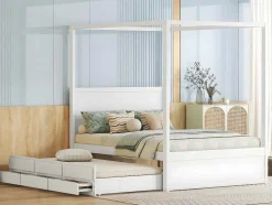 Volwassen Bed 140X200Cm - Hemelbed Met Onderschuifbed En 3 Lades - Wit