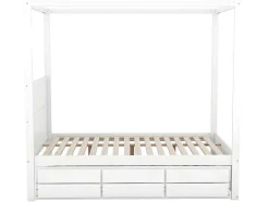 Volwassen Bed 140X200Cm - Hemelbed Met Onderschuifbed En 3 Lades - Wit