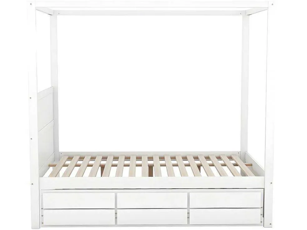 Volwassen Bed 140X200Cm - Hemelbed Met Onderschuifbed En 3 Lades - Wit