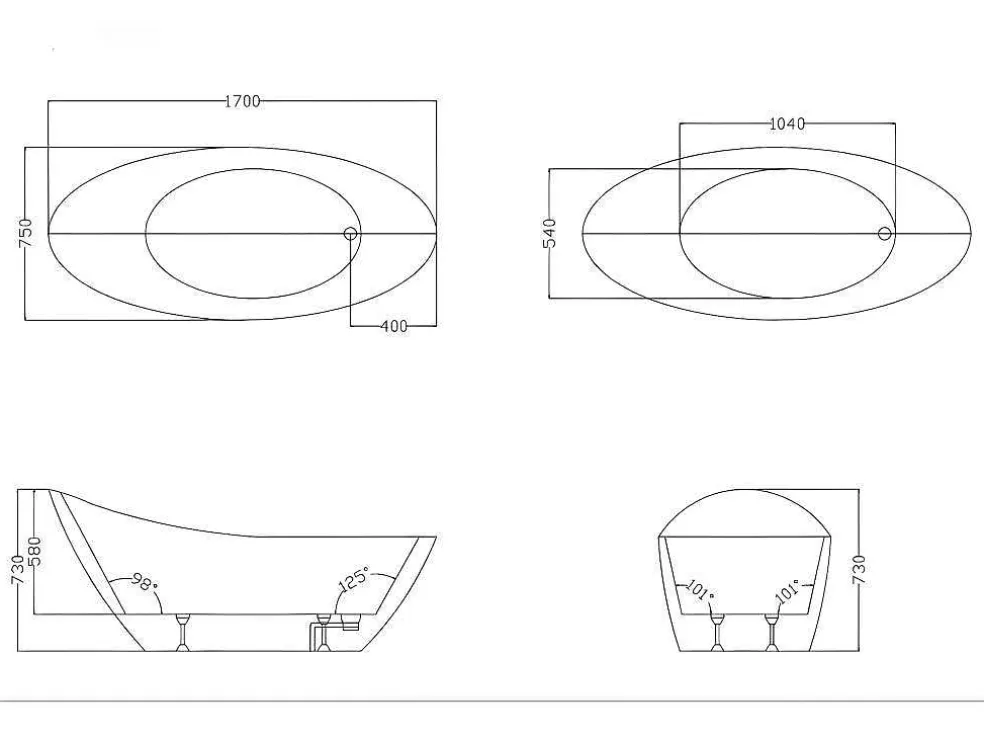 Vrijstaande Badkuip Natalia - Eenpersoons - 170X75X73Cm - 282L - Wit