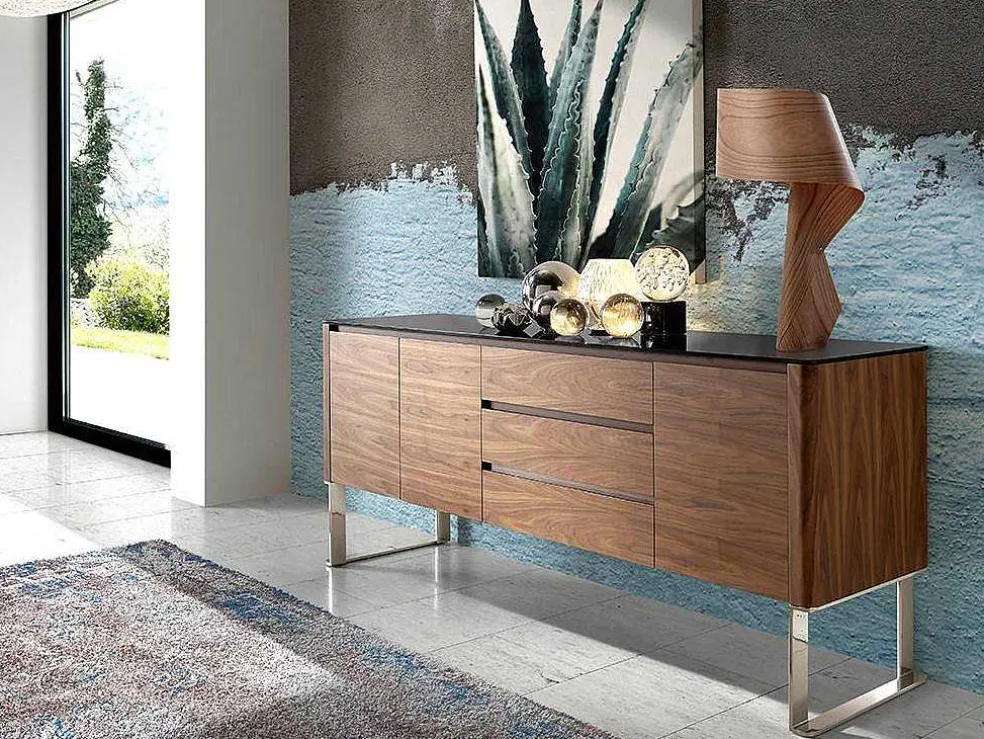Walnoot Dressoir Met Zwart Glazen Blad 3060 Angel Cerda