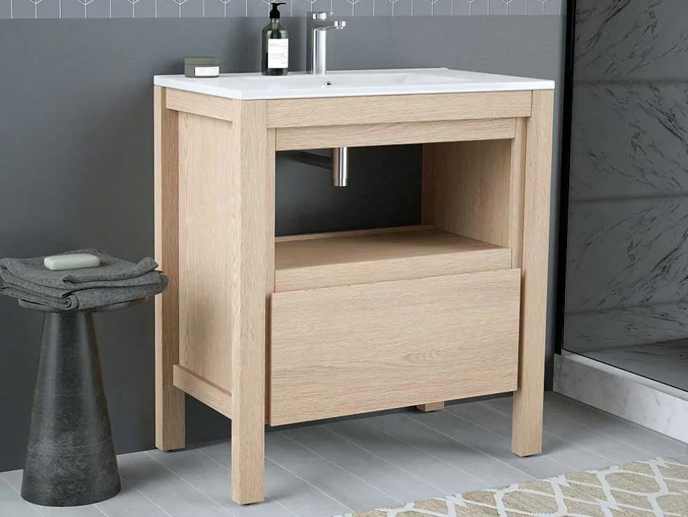 Wastafelmeubel Met Inbouwwastafel - Eikenfineer - 80 Cm - Cosmoti