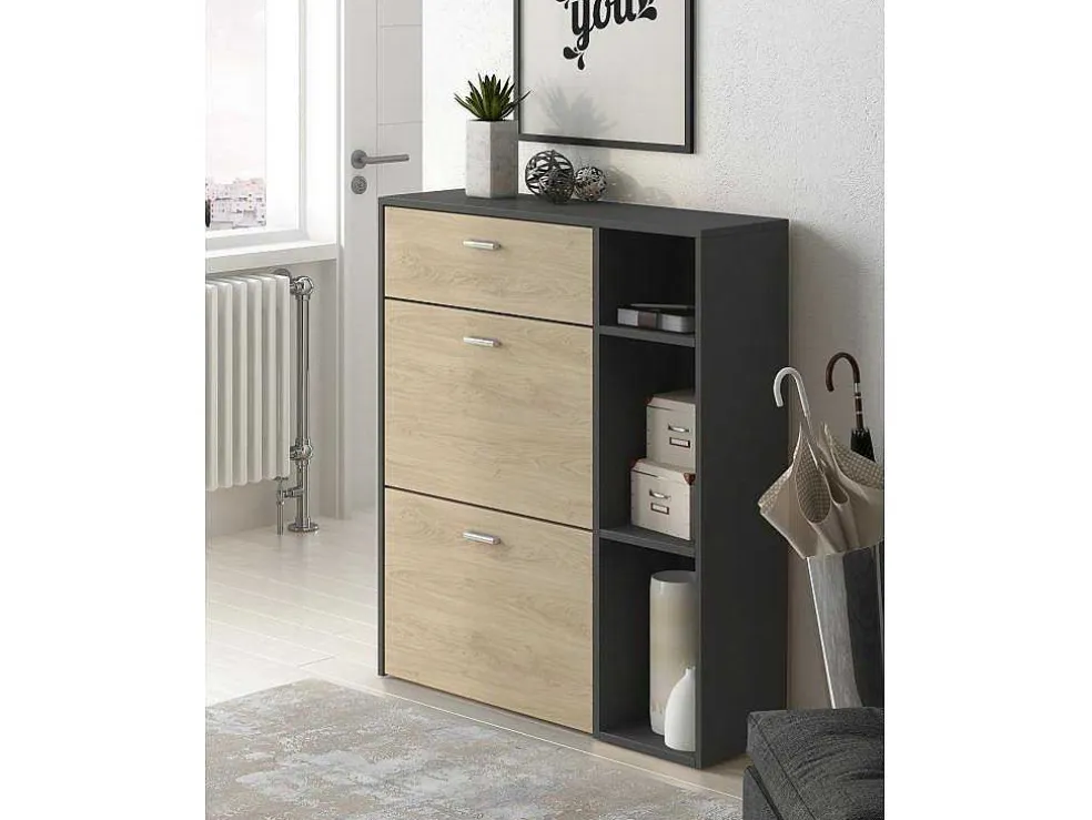 Zapatero Furniture, Windmodel, 90X26X101.5Cm, Tegroep Hall En Hall, Grijs En Eiken, Moderne Stijl