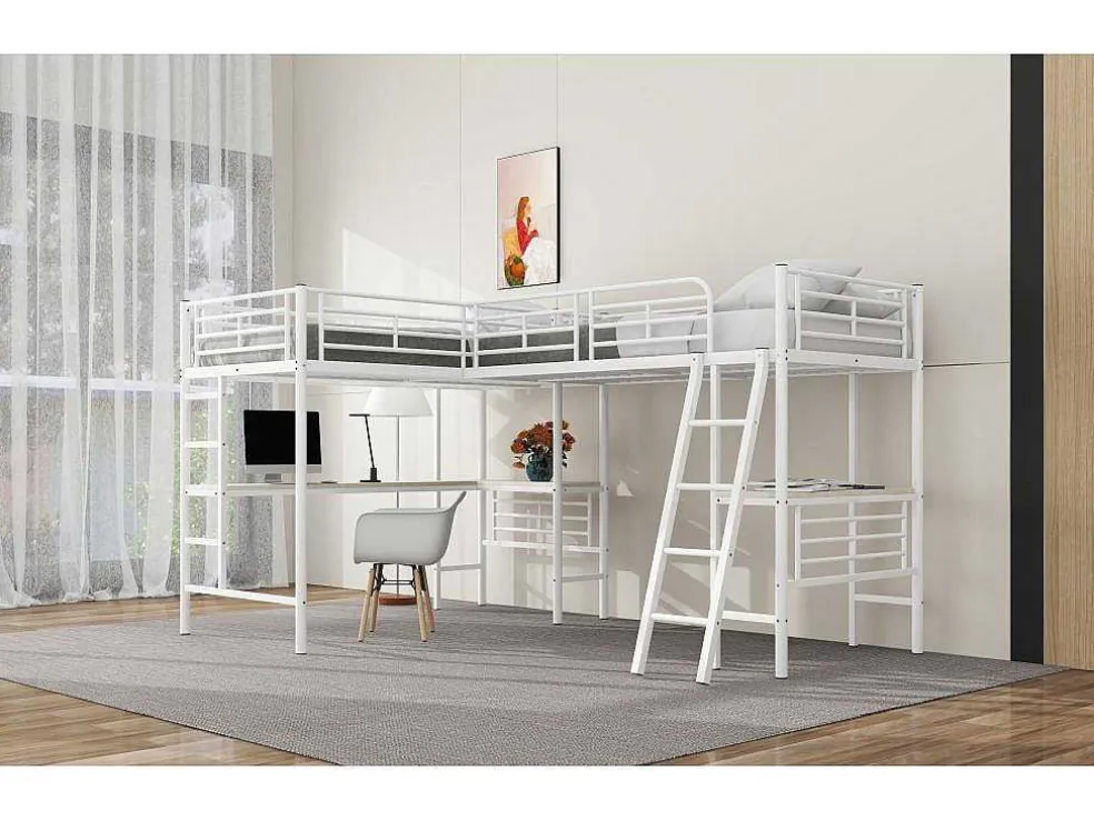 2-Zits Tussenbed - 2 X 90 X 200 Cm - Met Hoekbureau En Ladders - Metaal - Wit