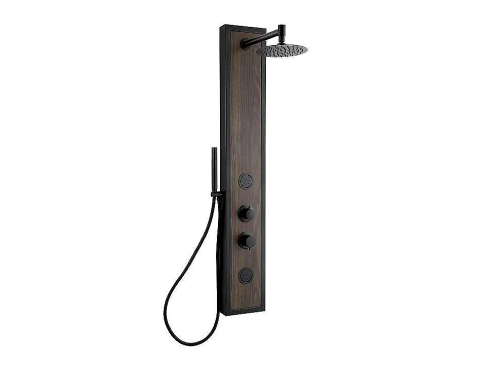 Zwarte Douchekolom Met Massagestralen Met Houten Decoratie - H127 X L48,5 Cm - Ubala
