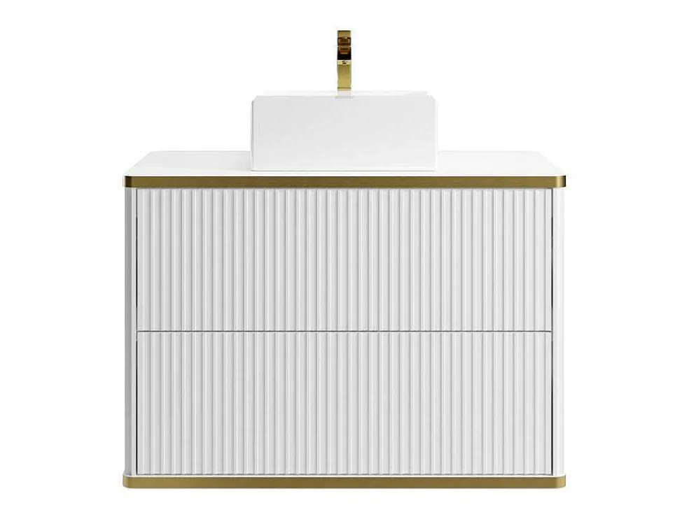 Zwevend, Geribbeld Badkamermeubel Met Goudkleurige Randen En Opzetwastafel - Wit - 80 Cm - Keliza