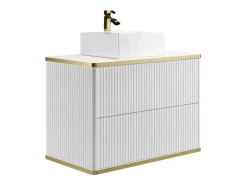 Zwevend, Geribbeld Badkamermeubel Met Goudkleurige Randen En Opzetwastafel - Wit - 80 Cm - Keliza